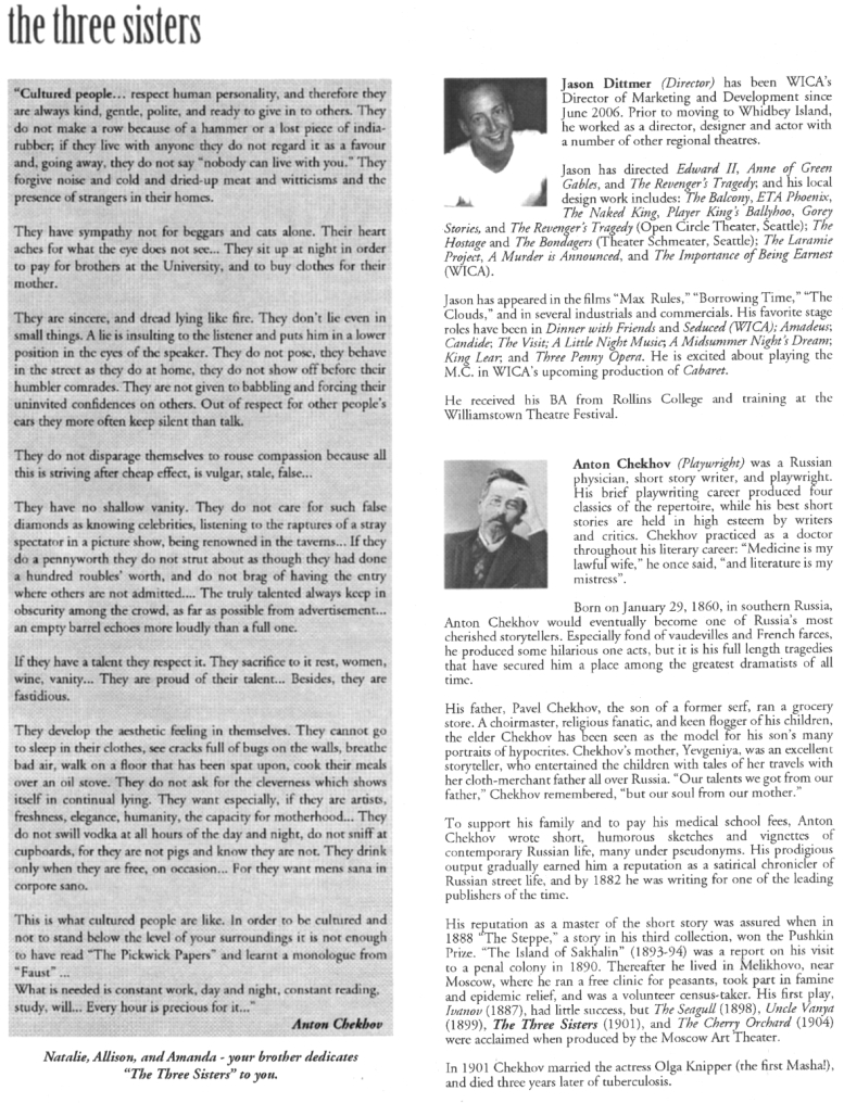 Page 3 of Program for "The Three Sisters" - April, 2007