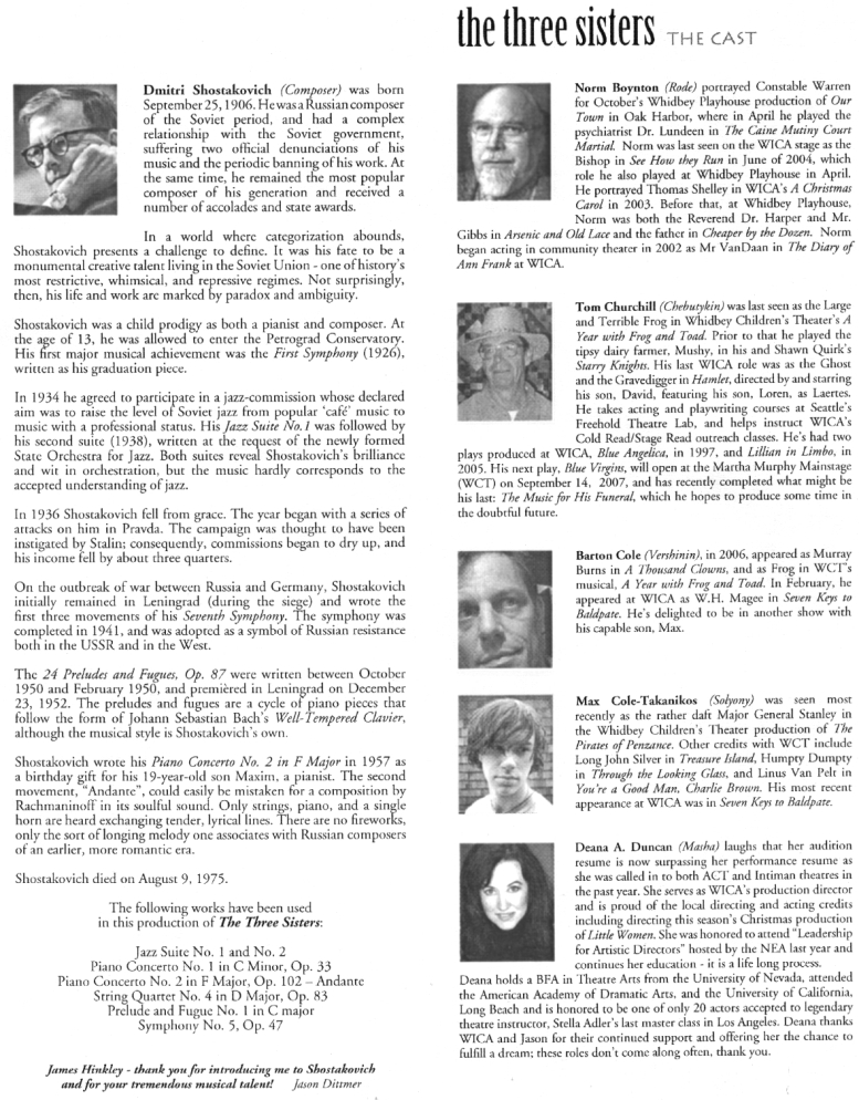 Page 4 of Program for "The Three Sisters" - April, 2007