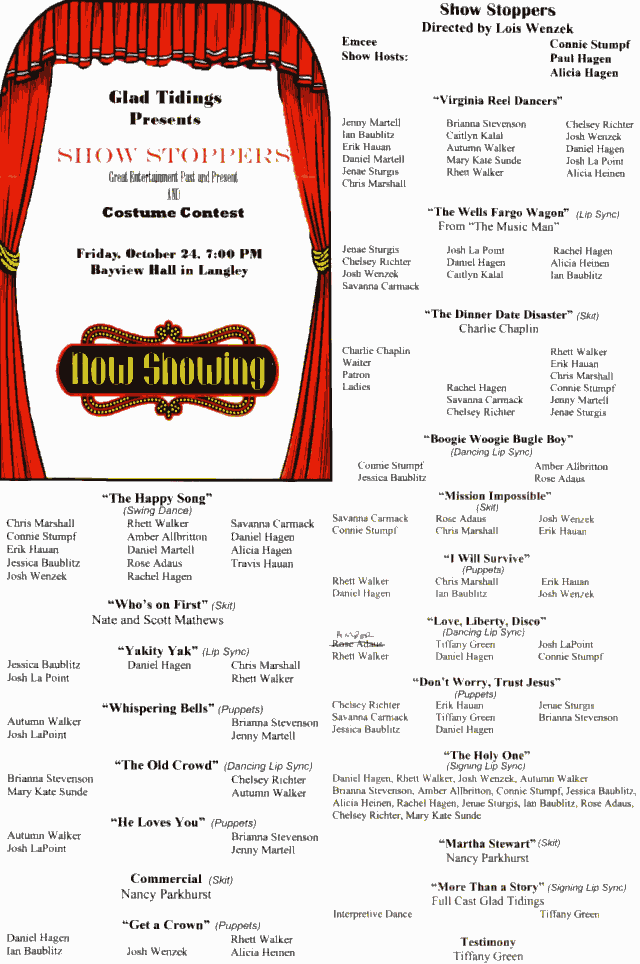 Printed Program for "Show Stoppers" Variety Show - 10/24/03