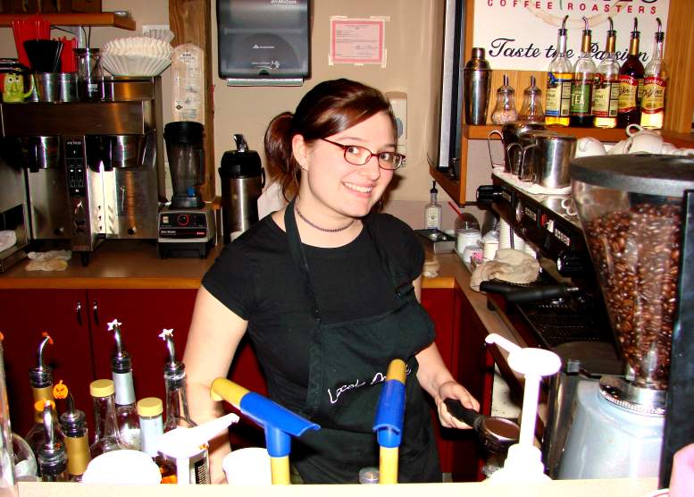 Constanze working as barista at Freeland's "Locals Only Coffee" shop - 10/3/06