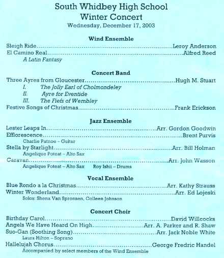 Printed Program for Winter Concert - 12/17/03