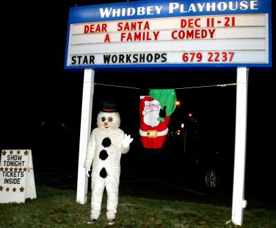 Snowman (Fernando) by the marquee on opening night