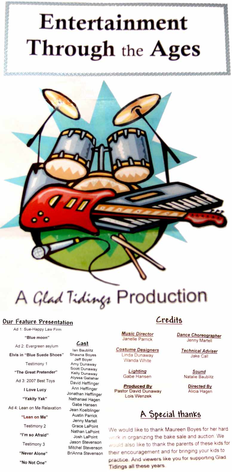 The printed program for the Glad Tidings show