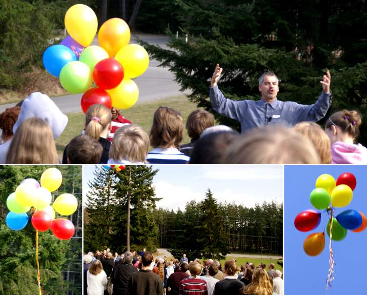 Pastor Phil concluding his sermon with ascending balloons