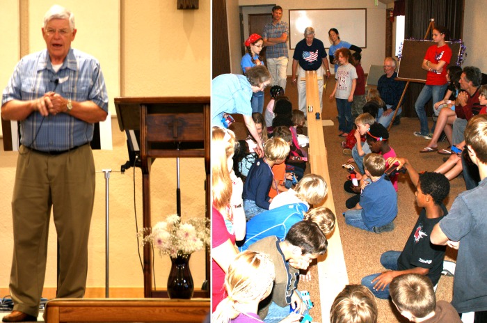 Pastor Dave Stevenson preaching
 "Let's Get Our Act Together"
and model car race track for VBS - 8/8/10