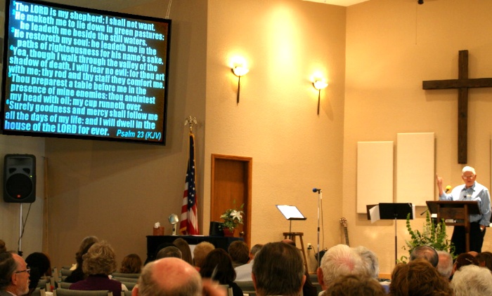 Pastor Dave Stevenson preaching
 on Psalm 23 - 7/18/10