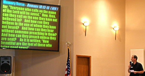 Pastor David sharing the memory verse for May - 5/9/10