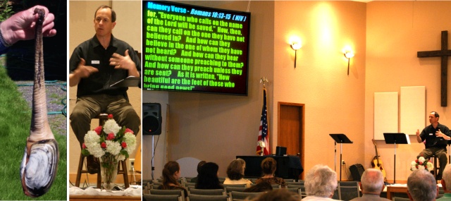 A geoduck and Pastor David preaching 
"Impact of the Good News"  - 5/16/10