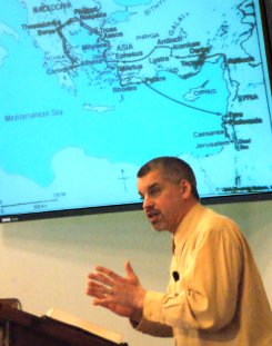 Pastor Phil Stevenson preaching with Map of Paul's 3rd Missionary Journey - 3/8/09