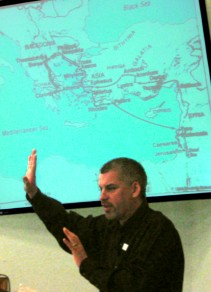 Pastor Phil Stevenson preaching with Map of Paul's 3rd Missionary Journey - 3/22/09