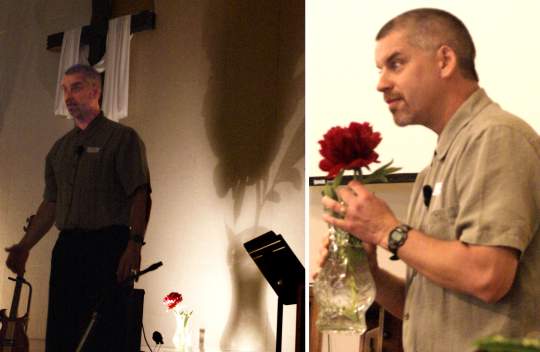 Pastor Phil Stevenson using a shadow illustration while 
preaching "Stephen and His Crime" - 6/1/08