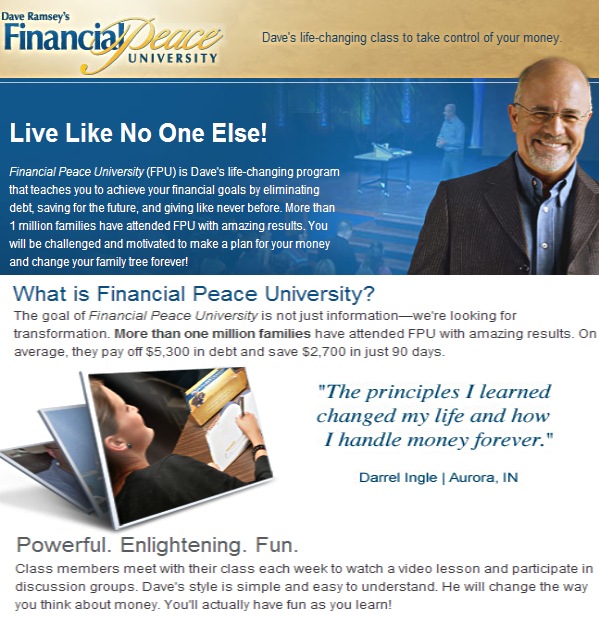 Financial Peace University Classes Meeting 6:30 PM Wednedays starting June 9, 2010