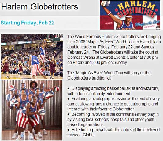 Click on this link for more about the Globetrotters event...