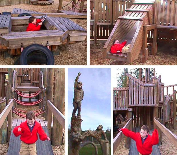 Gio driving through Langley's castle playground